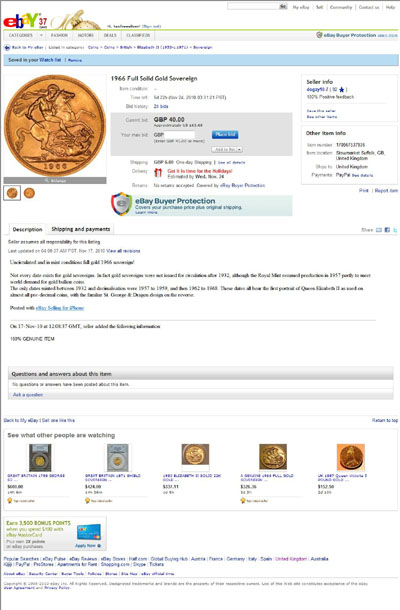 dogzy10-7  1966 Queen Elizabeth II Gold Sovereign Reverse eBay Auction Listing